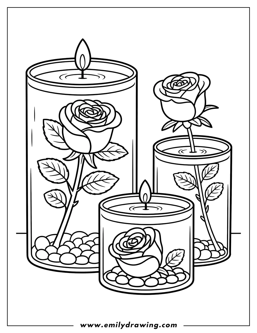 Line art of three roses inside glass terrariums, each with a lit candle wick on top and pebbles at the base.