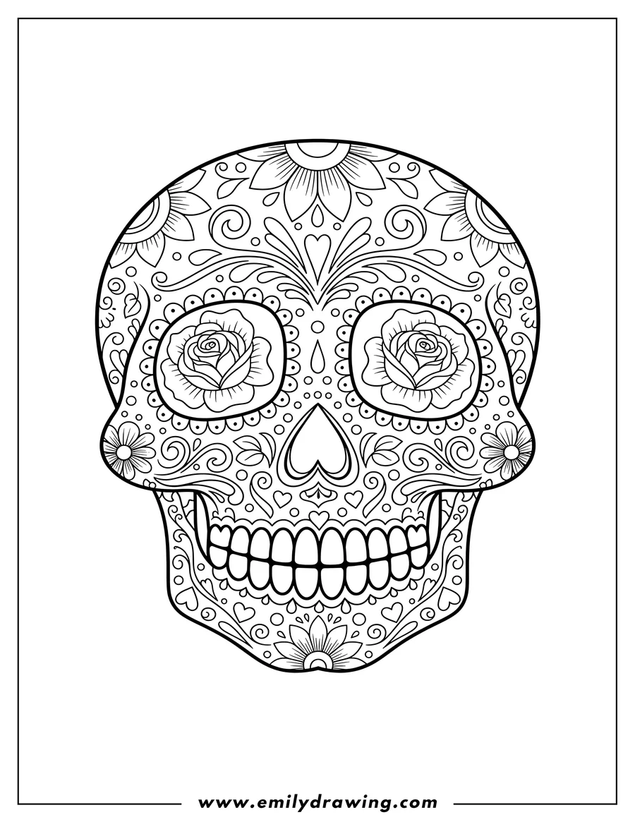 Coloring page for kids: rosey Eyed Sugar Skull, ornately decorated with a heart-shaped nose and teeth