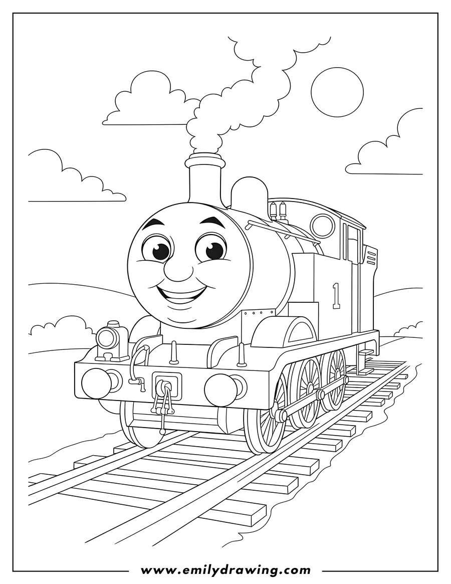Free to print drawing of rosie the train engine smiling on train tracks