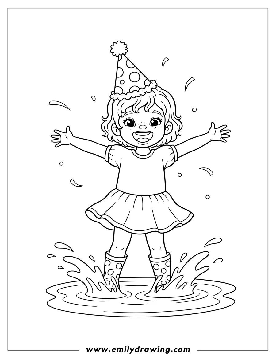 Free to print drawing of rosie Wearing Party Hat, standing in a puddle, arms open wide and smiling