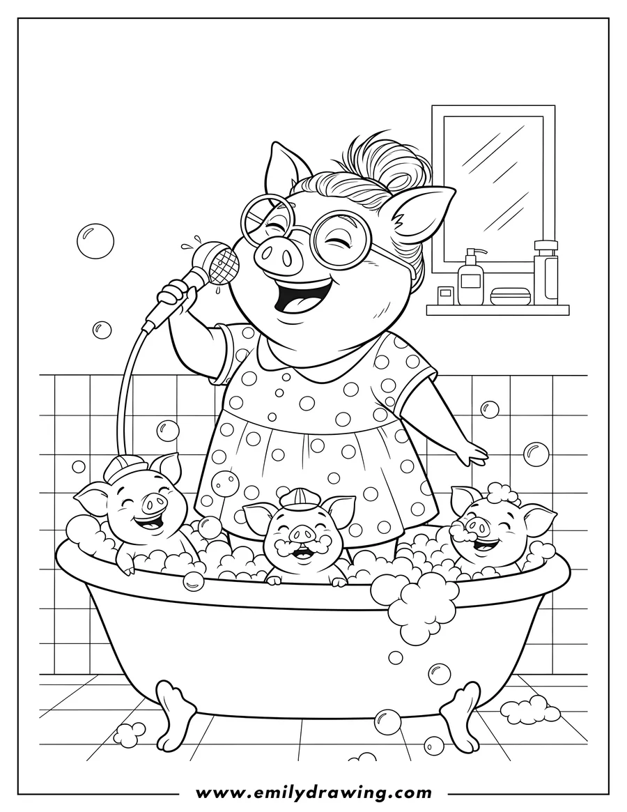 Coloring page for kids: rosita, wearing glasses, sings into a shower head as she bathes piglets in a bubbly bathtub