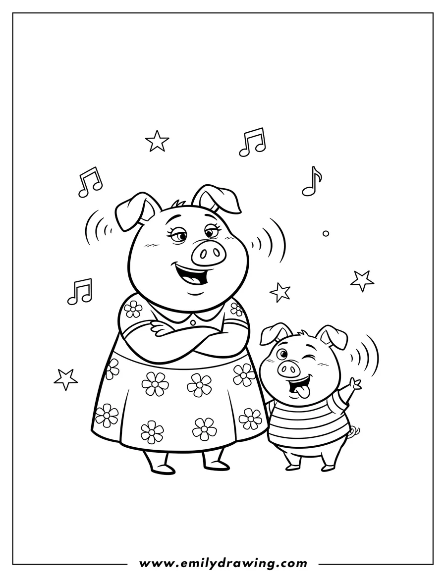 Outline drawing of rosita With Her Son Sing, Rosita standing with her arms crossed, and her son playfully sticking out his tongue