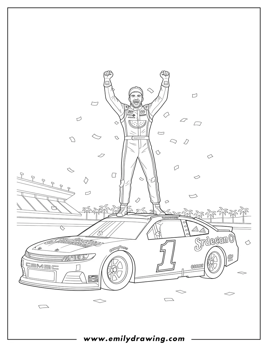 PDF style coloring page: ross Chastain celebrating on his race car, fists raised, with confetti
