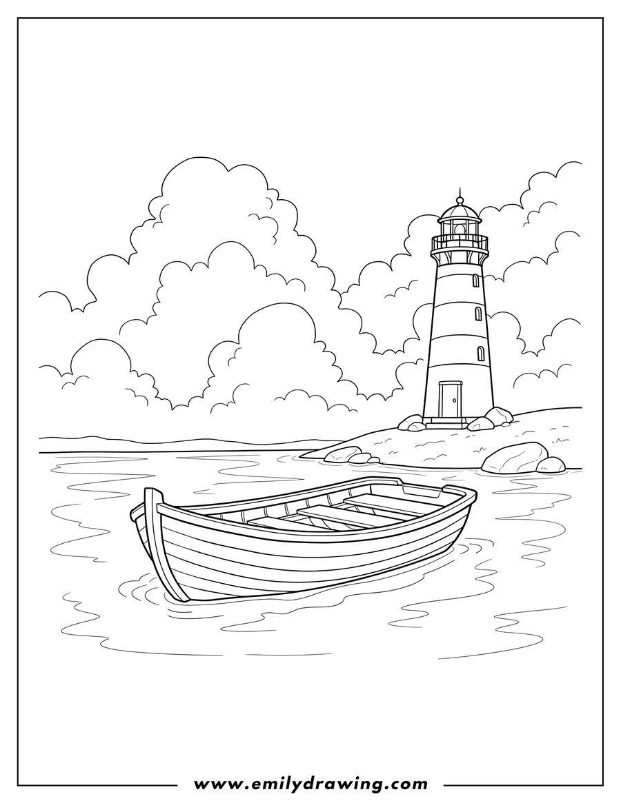Doodle style coloring picture of A rowboat with benches floating on a peaceful lake, a lighthouse on the shore, and a cloudy sky