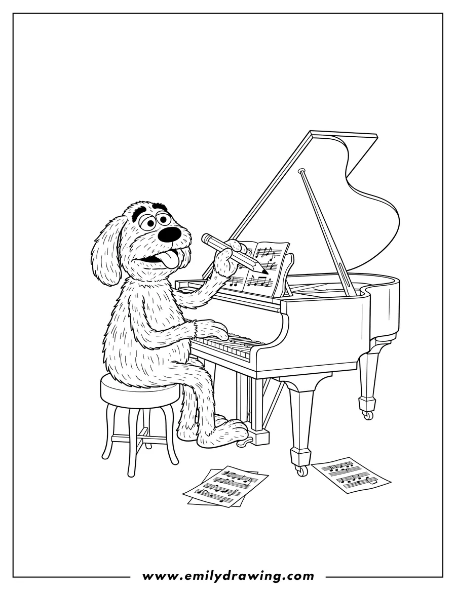 Linear illustration of rowlf Dog writing musical notes at a piano with a pencil