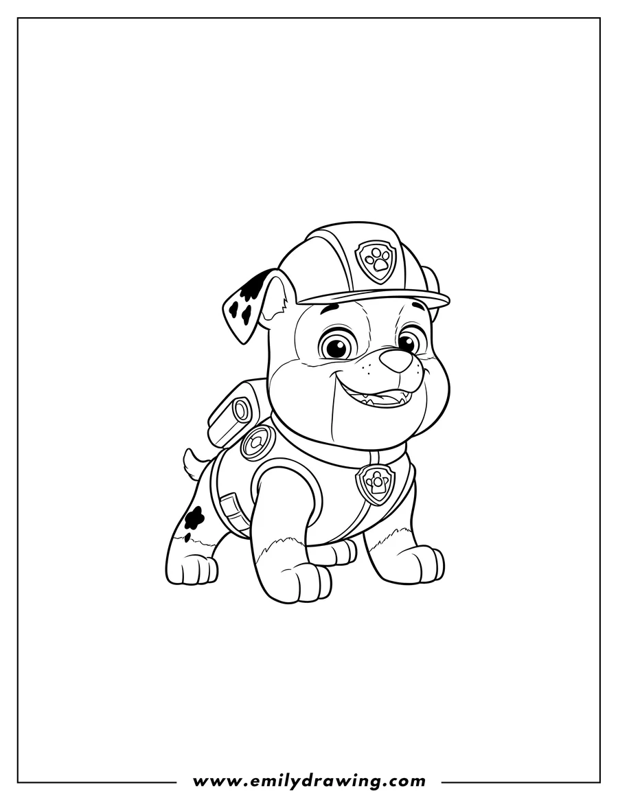 PDF style coloring page: rubble, the dog character, wearing his construction uniform, crouching and smiling