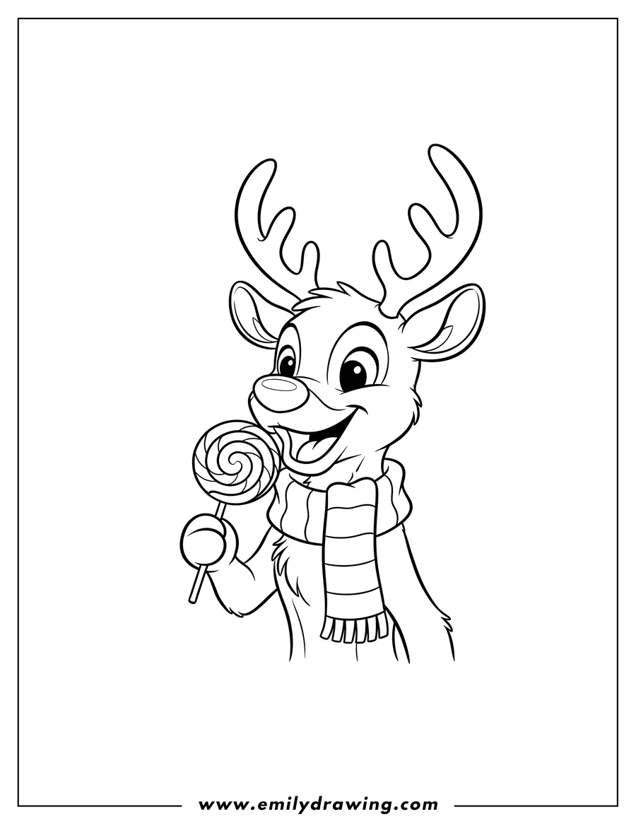 PDF style coloring page: rudolph wearing a striped scarf, smiling and eating a lollipop