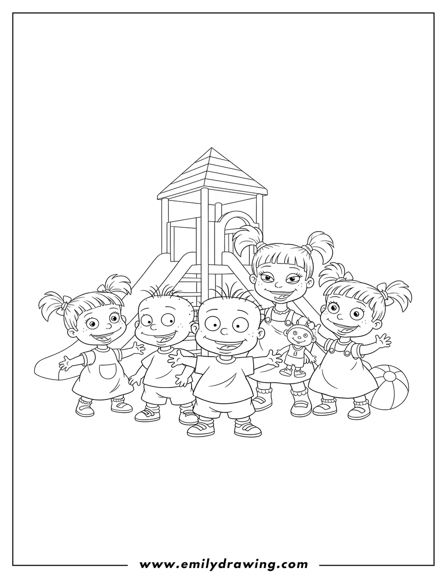 Downloadable coloring page of rugrats Chuckie Tommy Philip Lilian Angelika And Susie all together, smiling and posing playfully