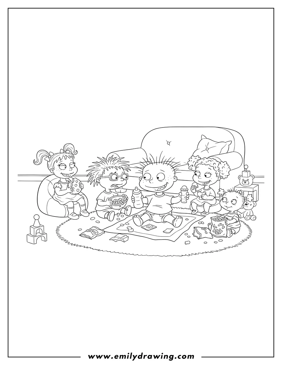 Outline drawing of rugrats Tommy Angelika Chuckie Susie Lillian And Philip Living Room eating snacks