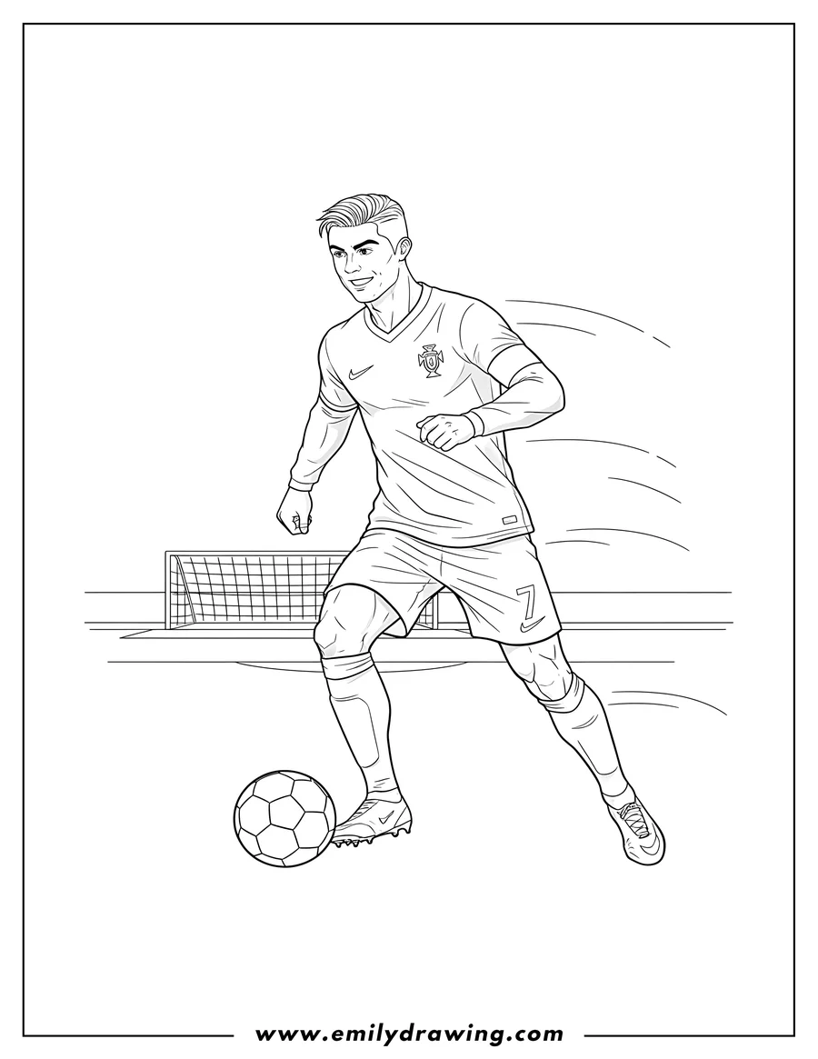 Linear illustration of cristiano Ronaldo Dribbling Ball Scaled, wearing number 7 and running