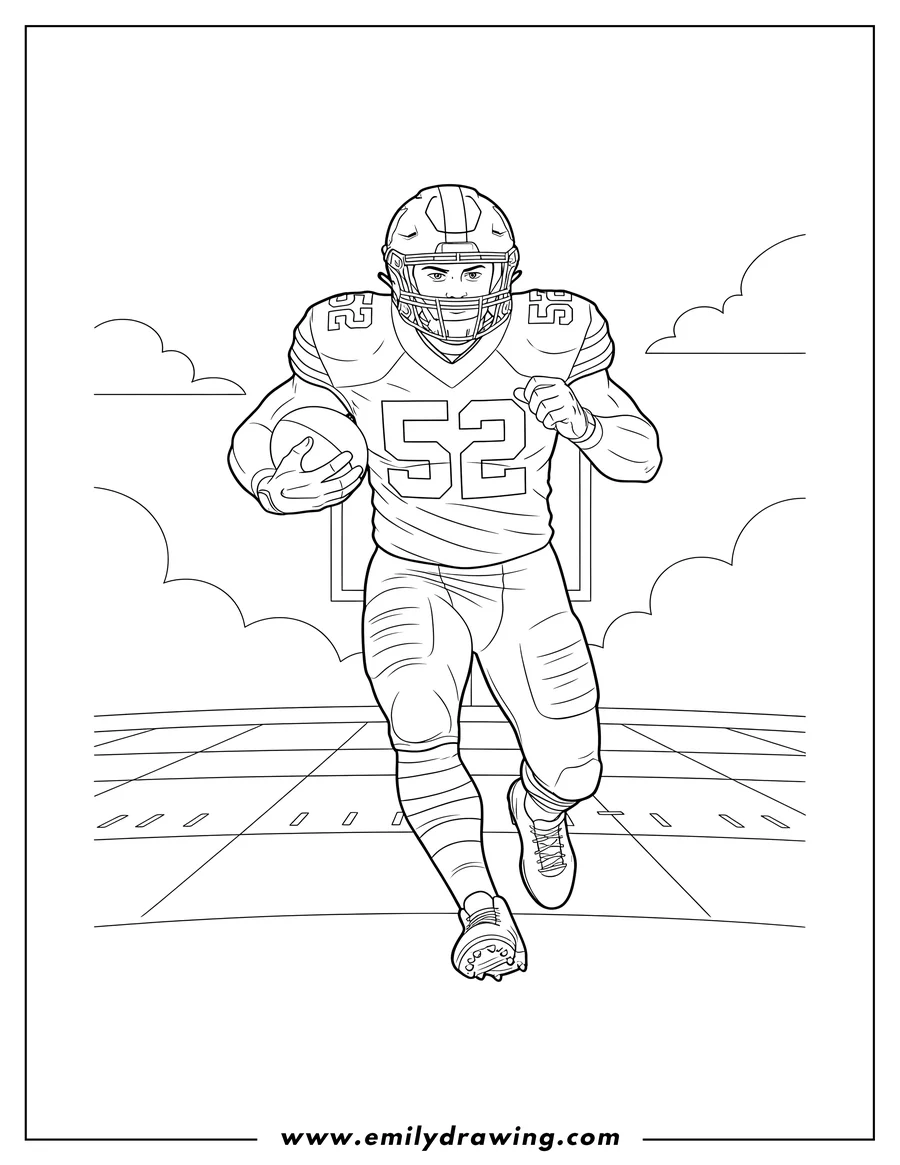 Linear illustration of football Running Back Nfl Player running with a football, wearing jersey number 52