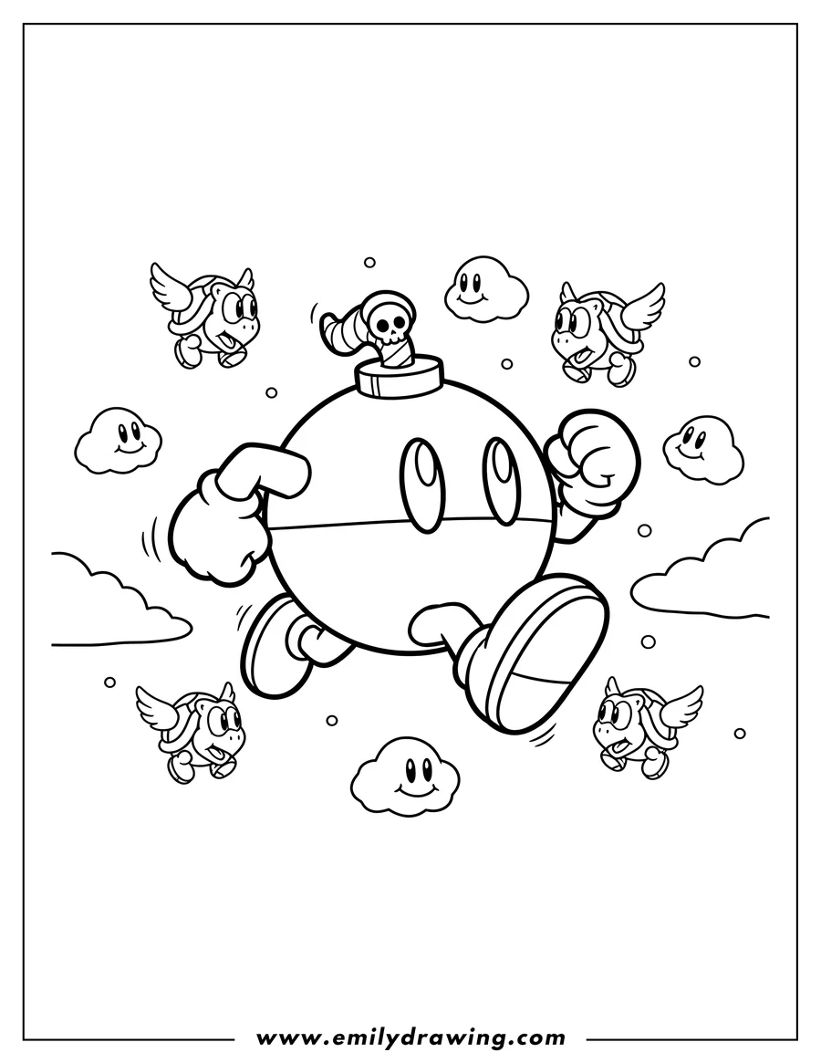 Linear illustration of A running Bob-omb from Mario Kart 64, with flying enemies and eyed clouds, to color