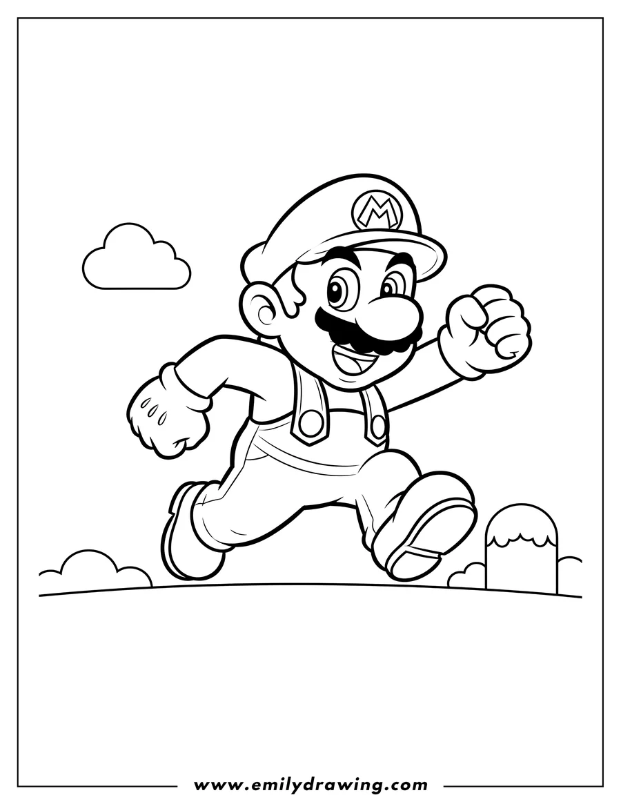 Full page coloring image of running Super Mario Scaled, with his M-logo hat and a happy expression