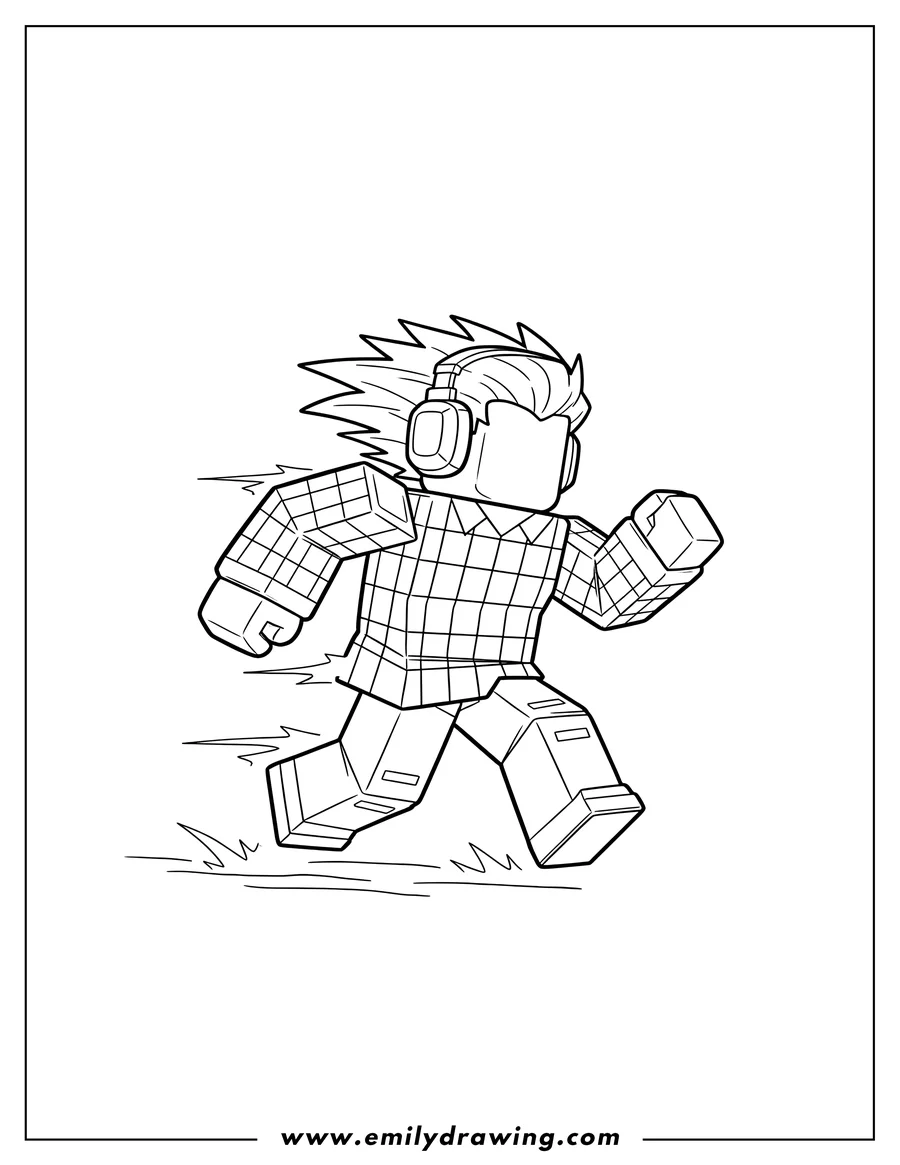Doodle style coloring picture of roblox Skin Wearing Headphones, running with spiky hair and checkered shirt