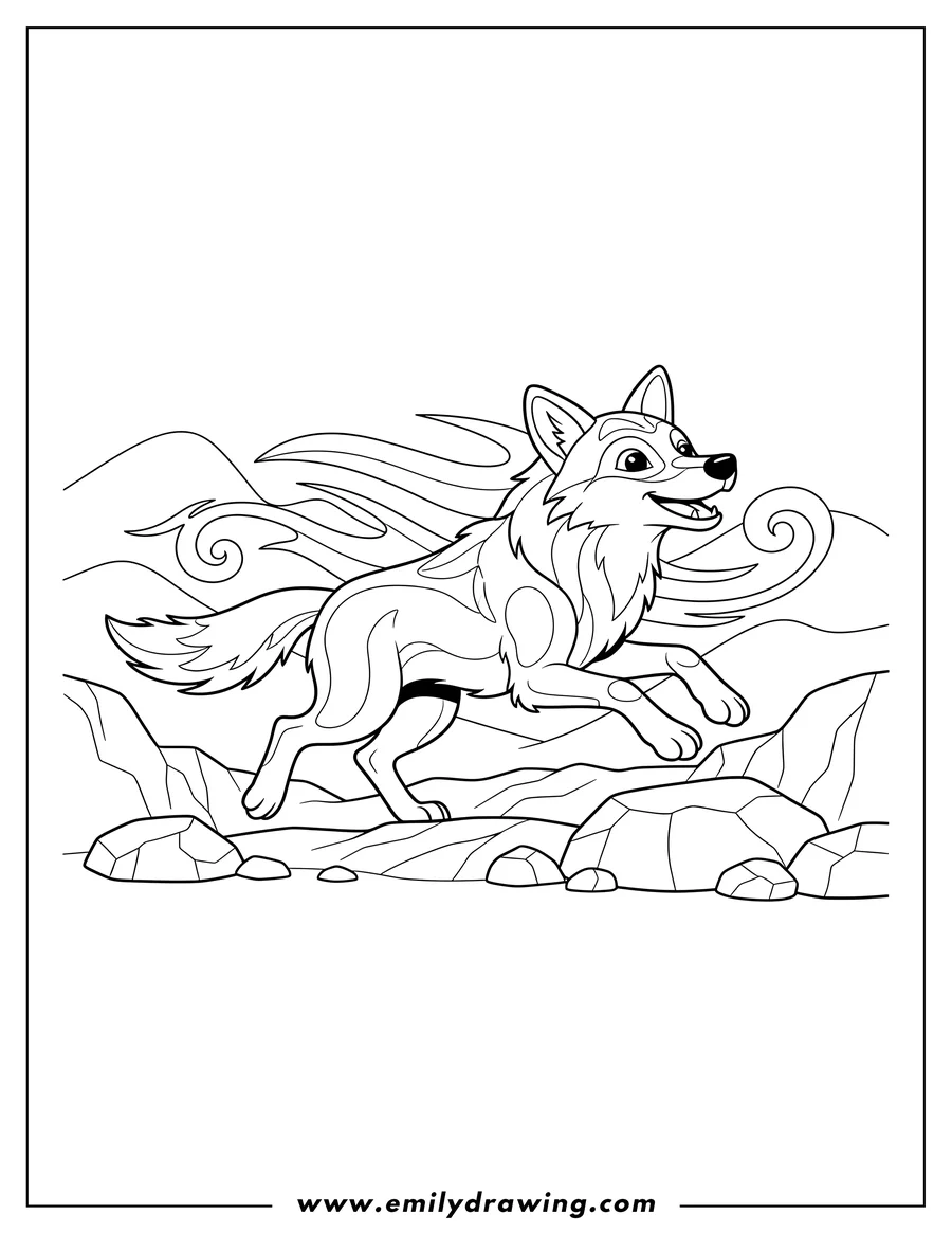 Coloring page of running Wolf Rocky Terrain, mid-stride, with mouth open