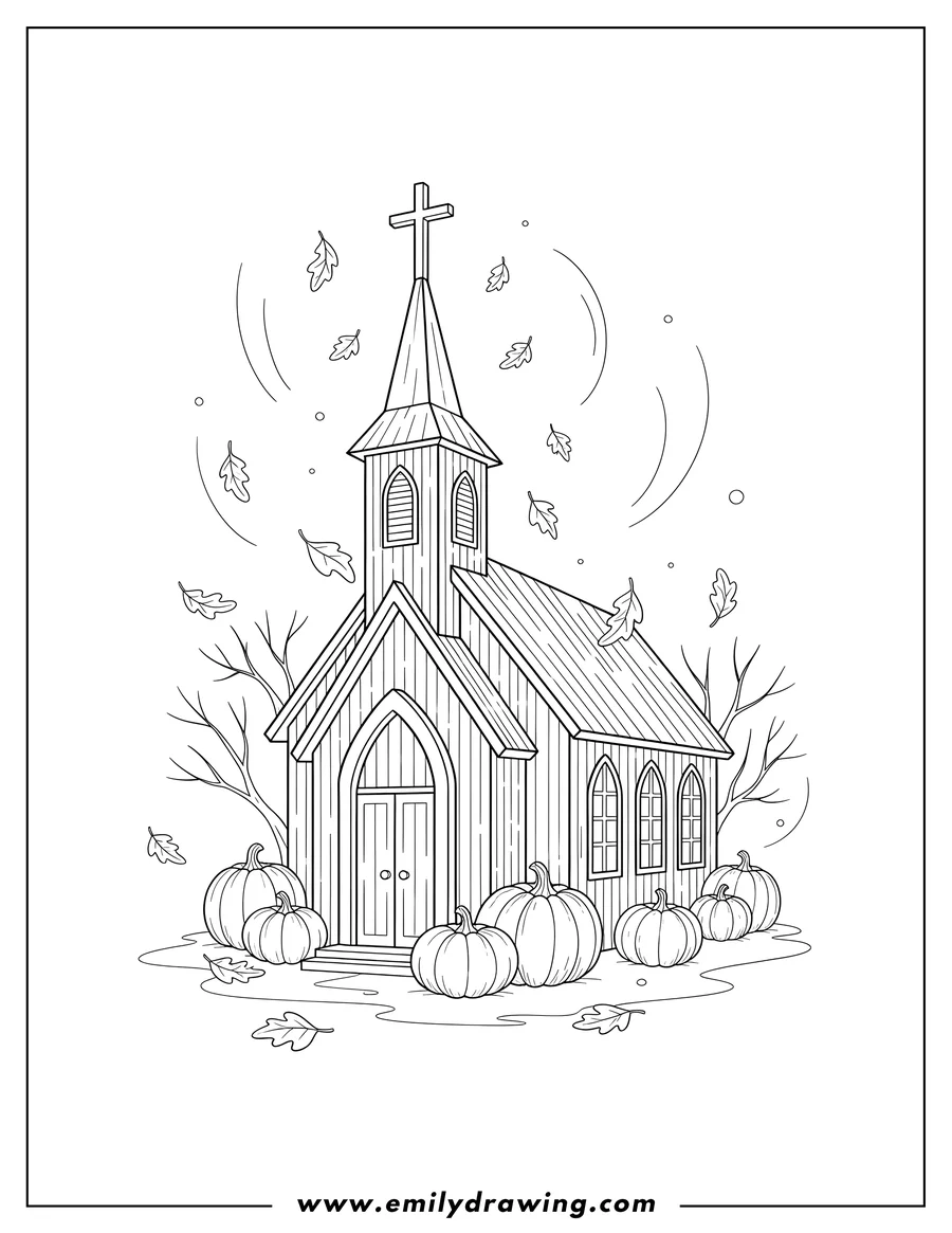 Black and white line art of rustic Church Fall Season with a cross on its steeple, falling autumn leaves, and pumpkins