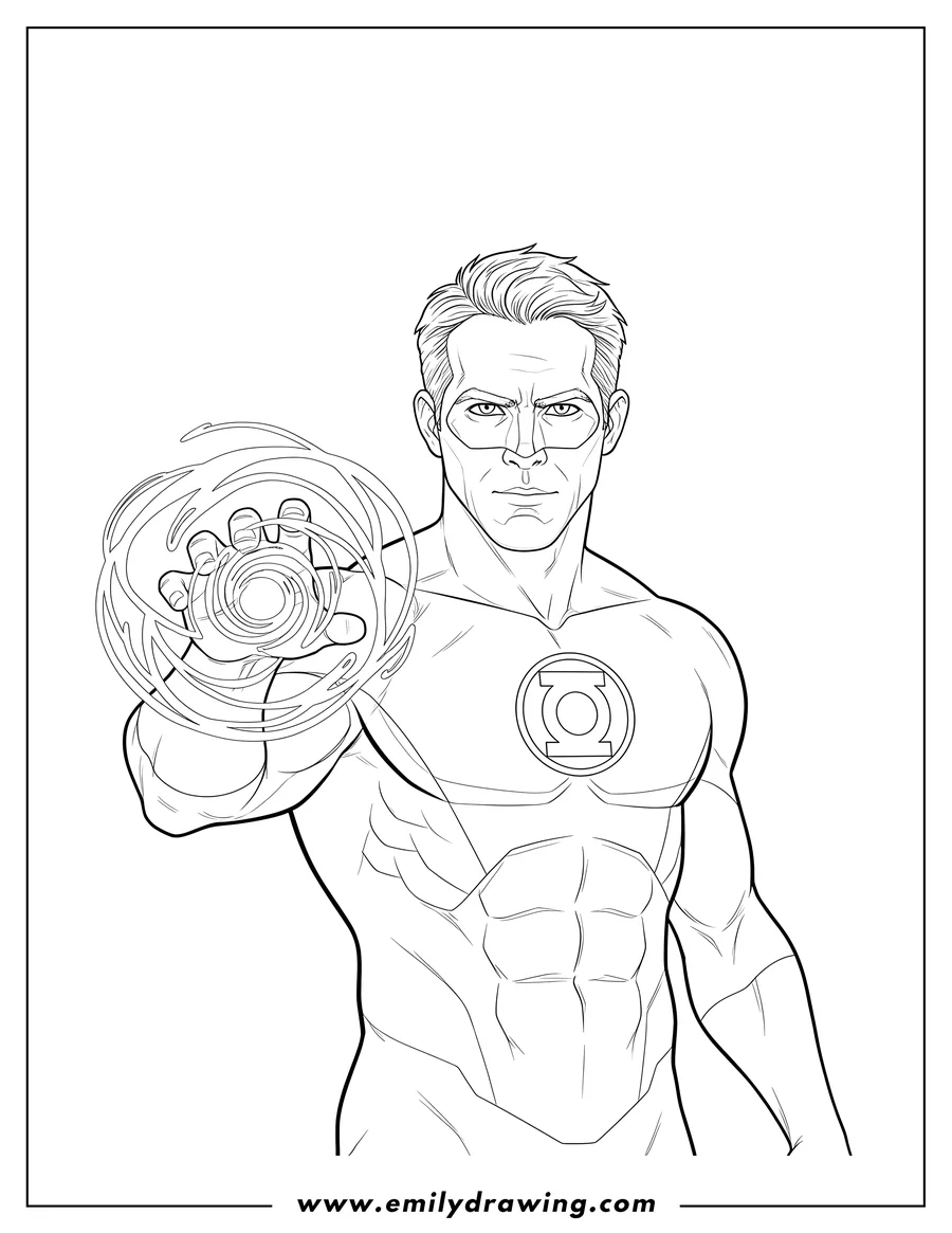 Doodle style coloring picture of ryan Reynolds As Green Lantern, his hand glowing with energy