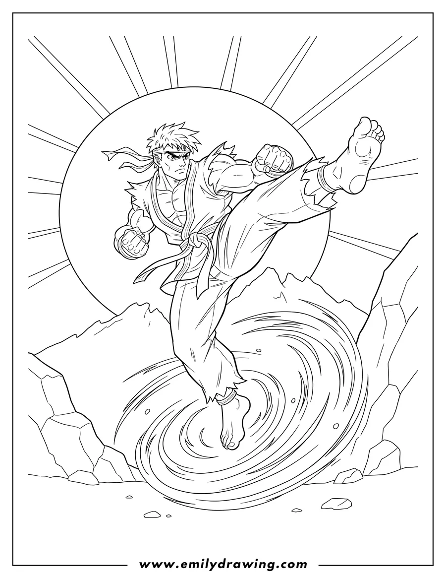 Vector style outline of powerful Ryu Battle, performing a mid-air kick