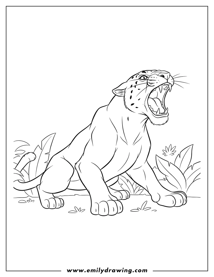 Full page coloring image of sabor Leopard roaring while crouching