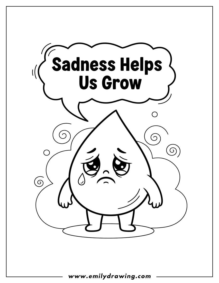 Downloadable coloring page of sadness Helps Us Grow speech bubble over a sad cartoon teardrop character