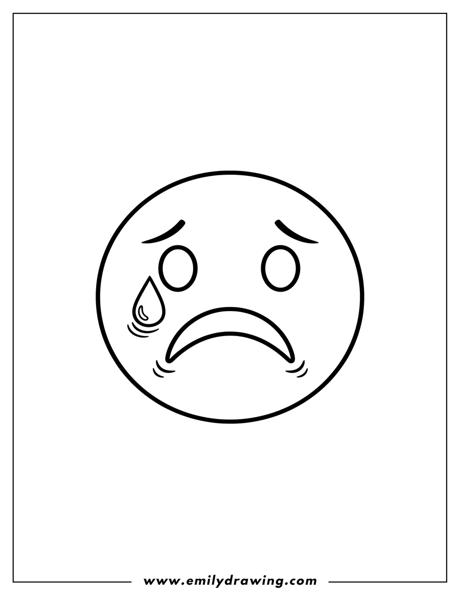 Linear illustration of sad Emoji with one teardrop and downturned mouth