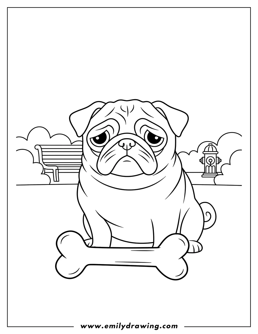 Vector style outline of pug Park With Bone To Color Scaled, standing with a sad expression and a bone on the ground