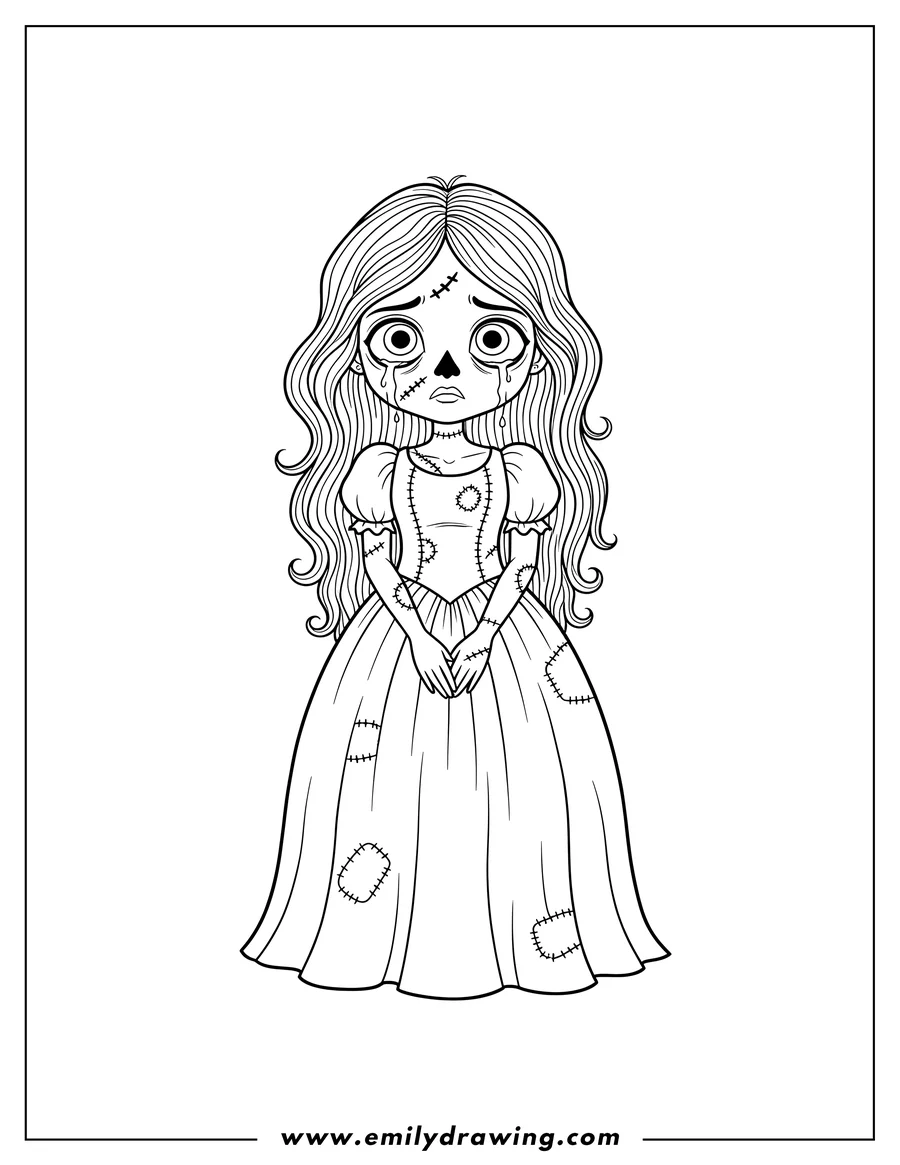 Downloadable coloring page of sad Zombie Girl Pretty Dress with stitches and dripping eyes