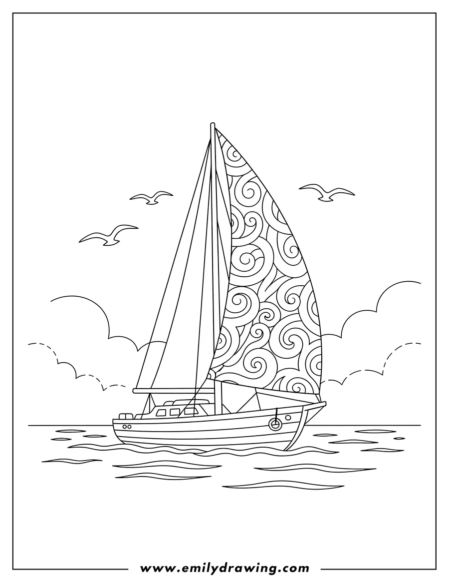 Coloring sheet featuring single-mast sailboat with large sail on water, with flying seagulls, to color scaled