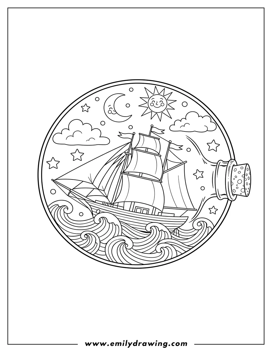 Printable line art of sailboat on waves inside a glass bottle with a cork stopper, with sun, stars, and clouds