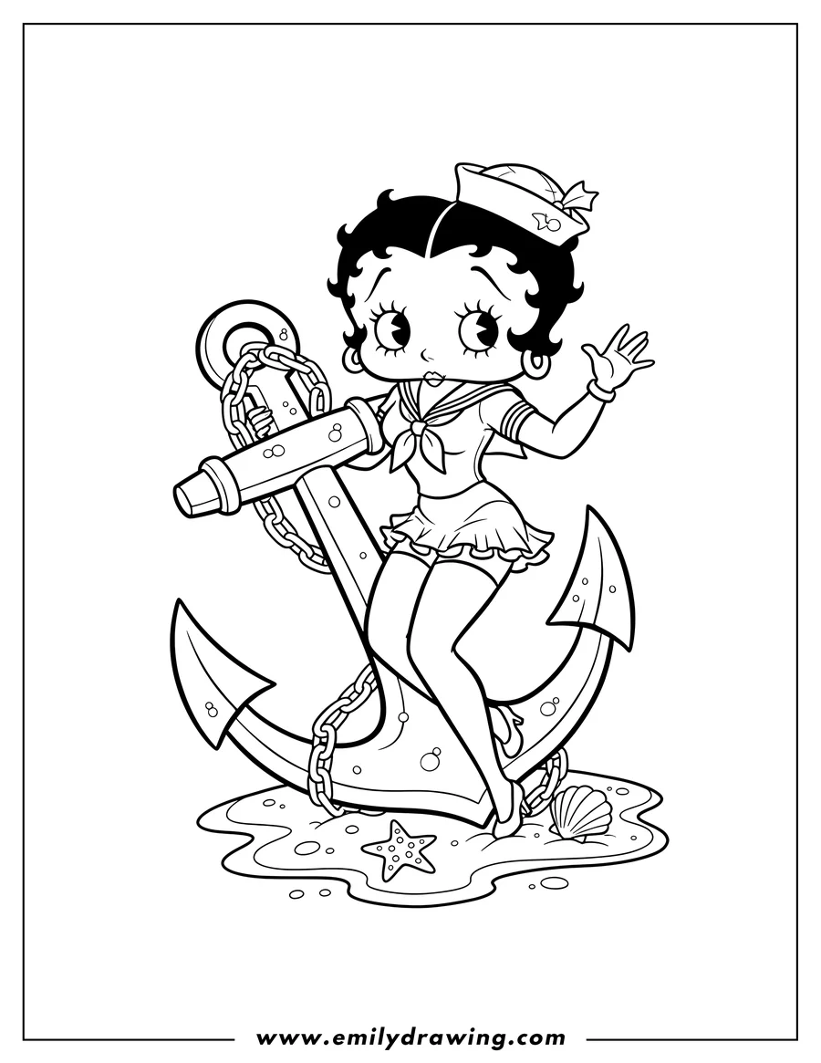 Coloring page of sailor Betty Boop hanging on an anchor