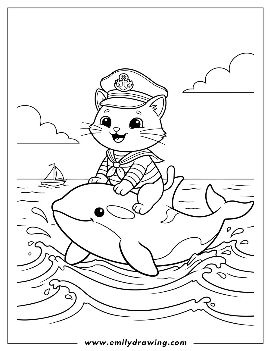 Printable coloring page of sailor Cat wearing a captain's hat on an orca's back, swimming at sea