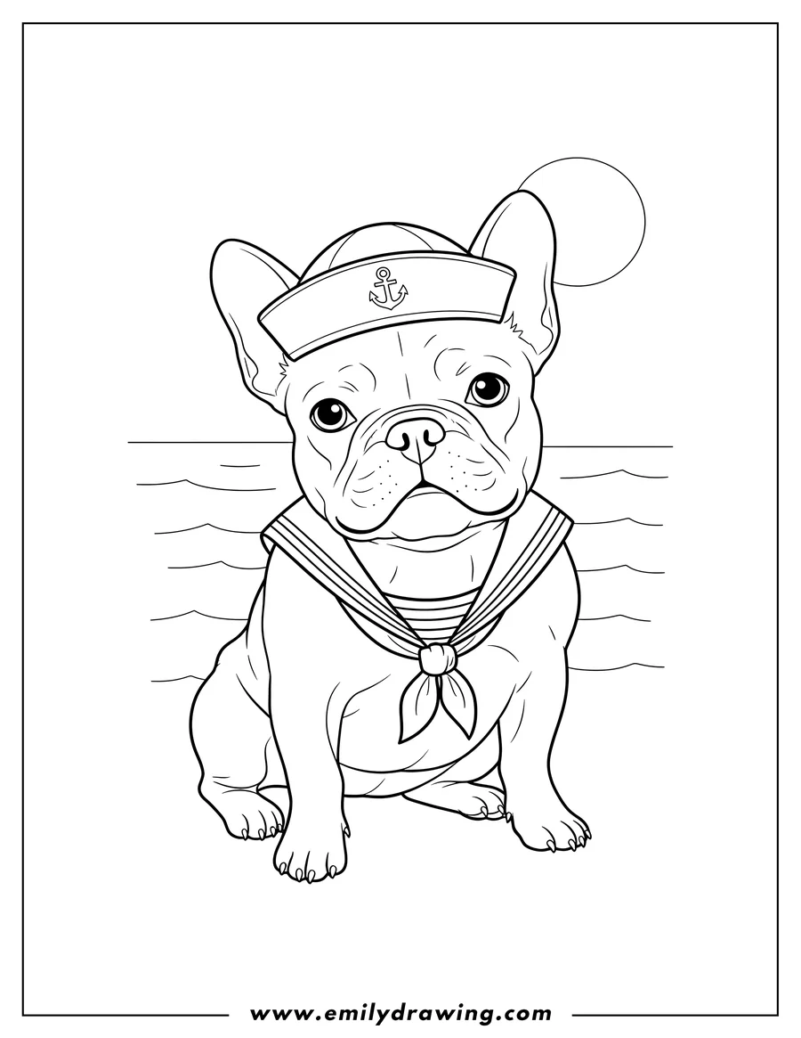 Outline drawing of sailor French Bulldog wearing a hat, sitting