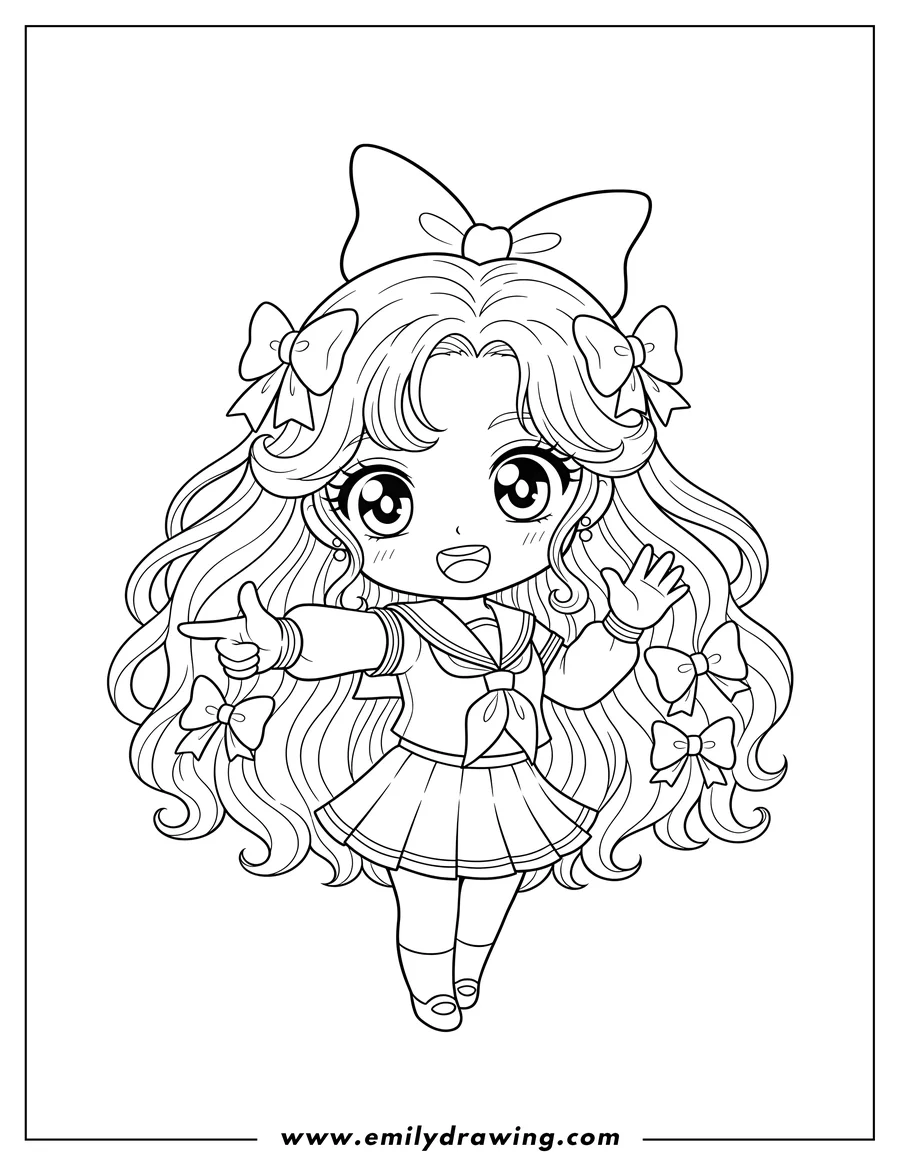 Linear illustration of beautiful Chibi Girl in Sailor Outfit, with long curly hair and bows, pointing and waving