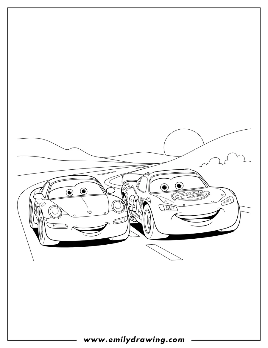 Free to print drawing of sally and Lightning McQueen smiling and driving side-by-side