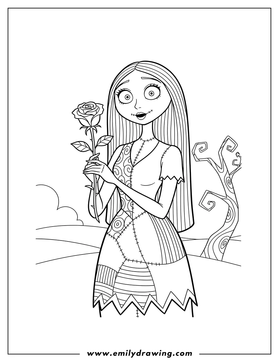 Free printable coloring sheet of sally From Nightmare Before Christmas holding a rose