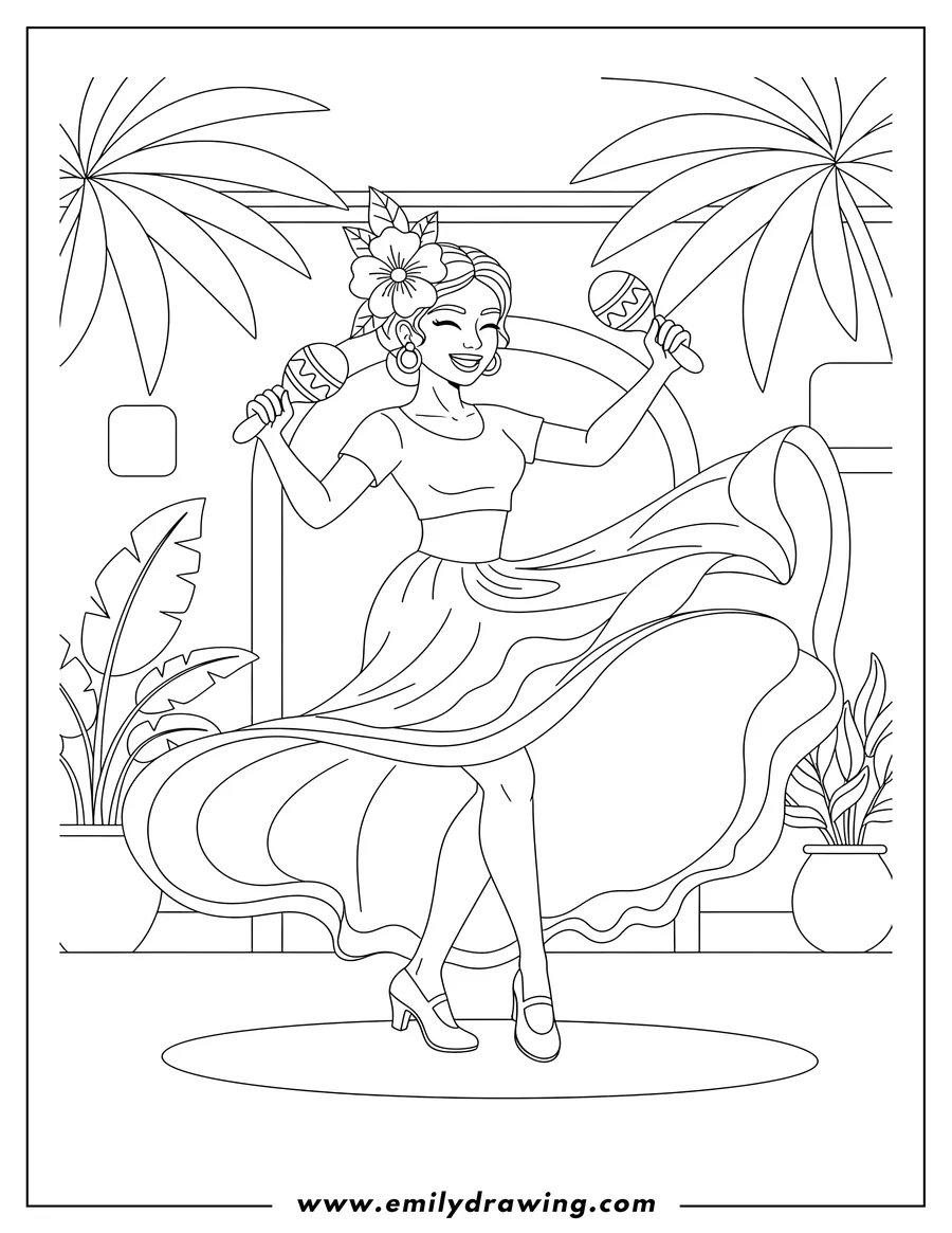 Linear illustration of detailed Salsa Dancer with a flower in her hair and a flowing skirt, Performing With Maracas Tropical Courtyard Dancing