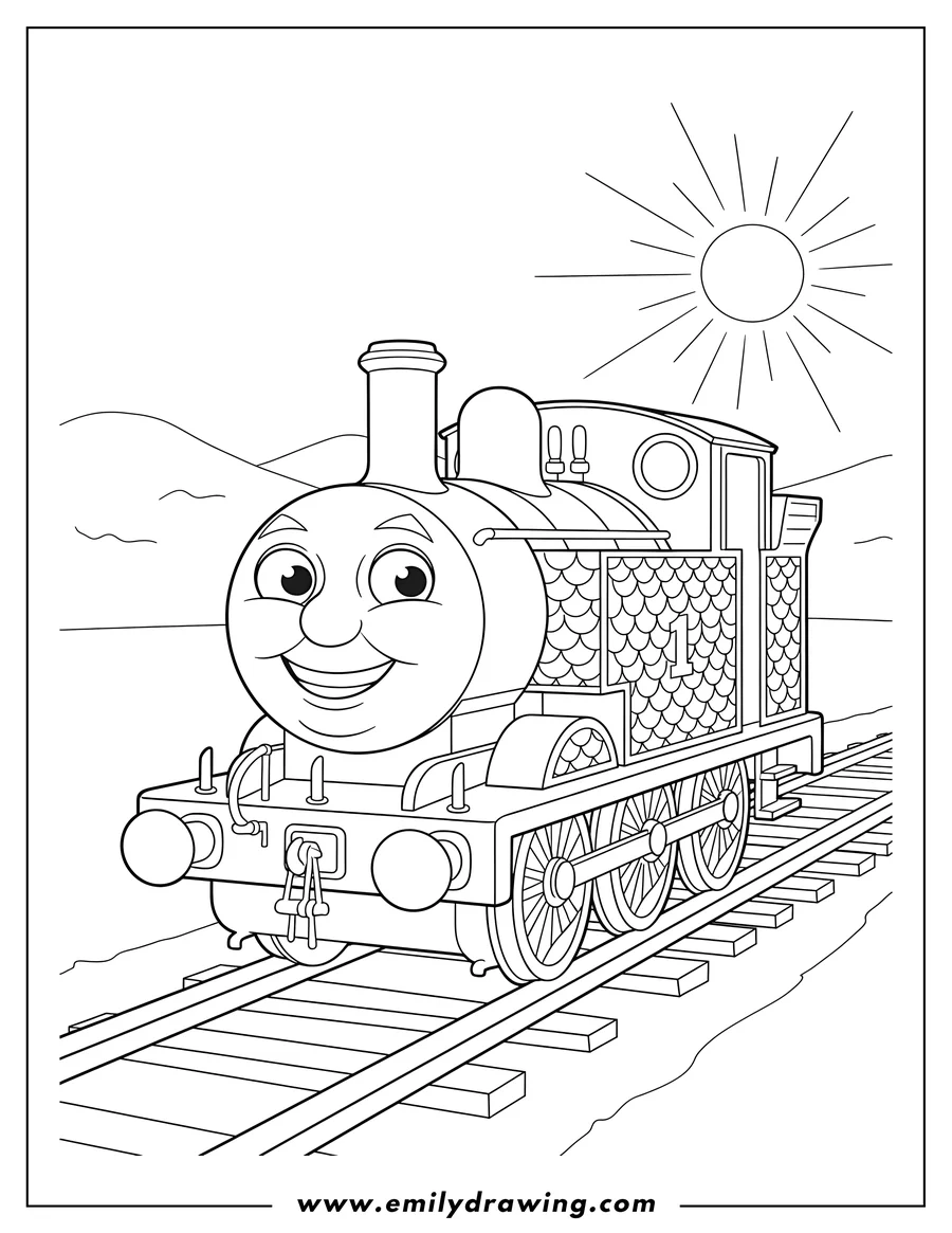 Printable line art of salty Train From Thomas And Friends Scaled, with a smiling face, on railway tracks