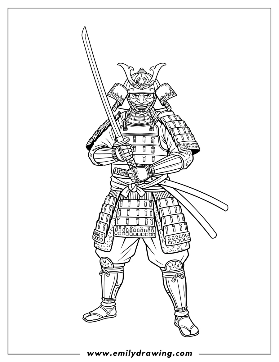 Downloadable coloring page of samurai in armor holding a sword vertically with both hands