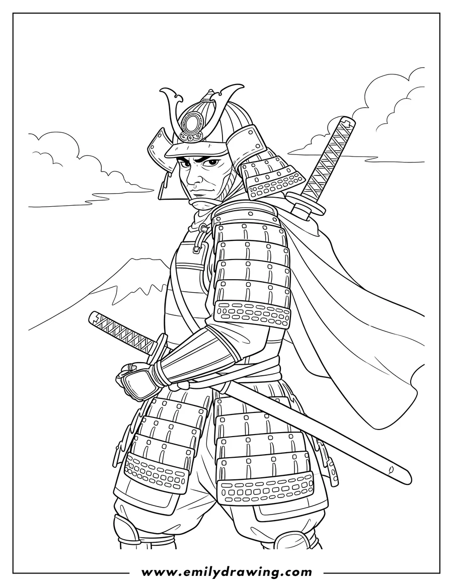 Coloring page for kids: samurai in armor with a katana on his back, looking over his shoulder