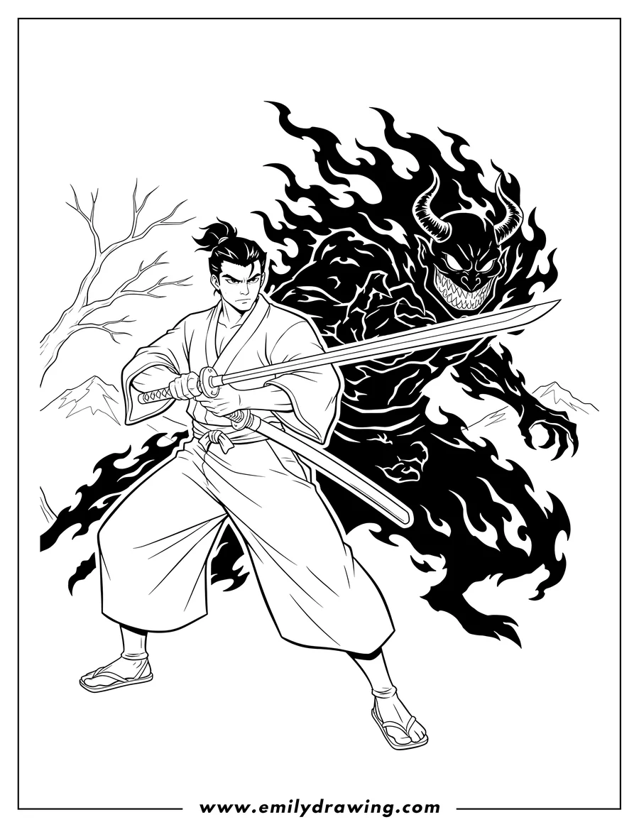 Printable line art of samurai Jack holding sword with both hands, aiming at monstrous Aku