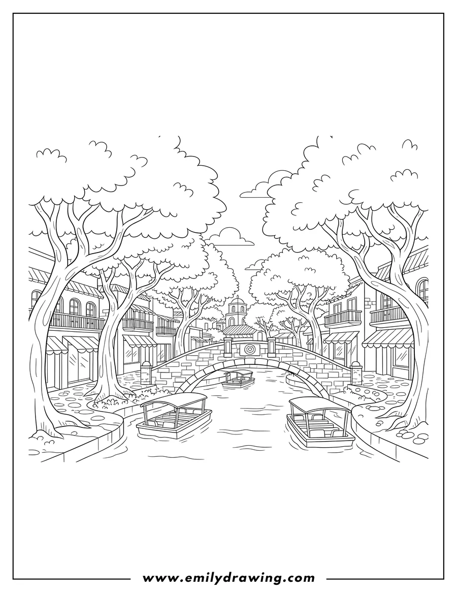 Linear illustration of san Antonio River Walk with a bridge, buildings, and trees