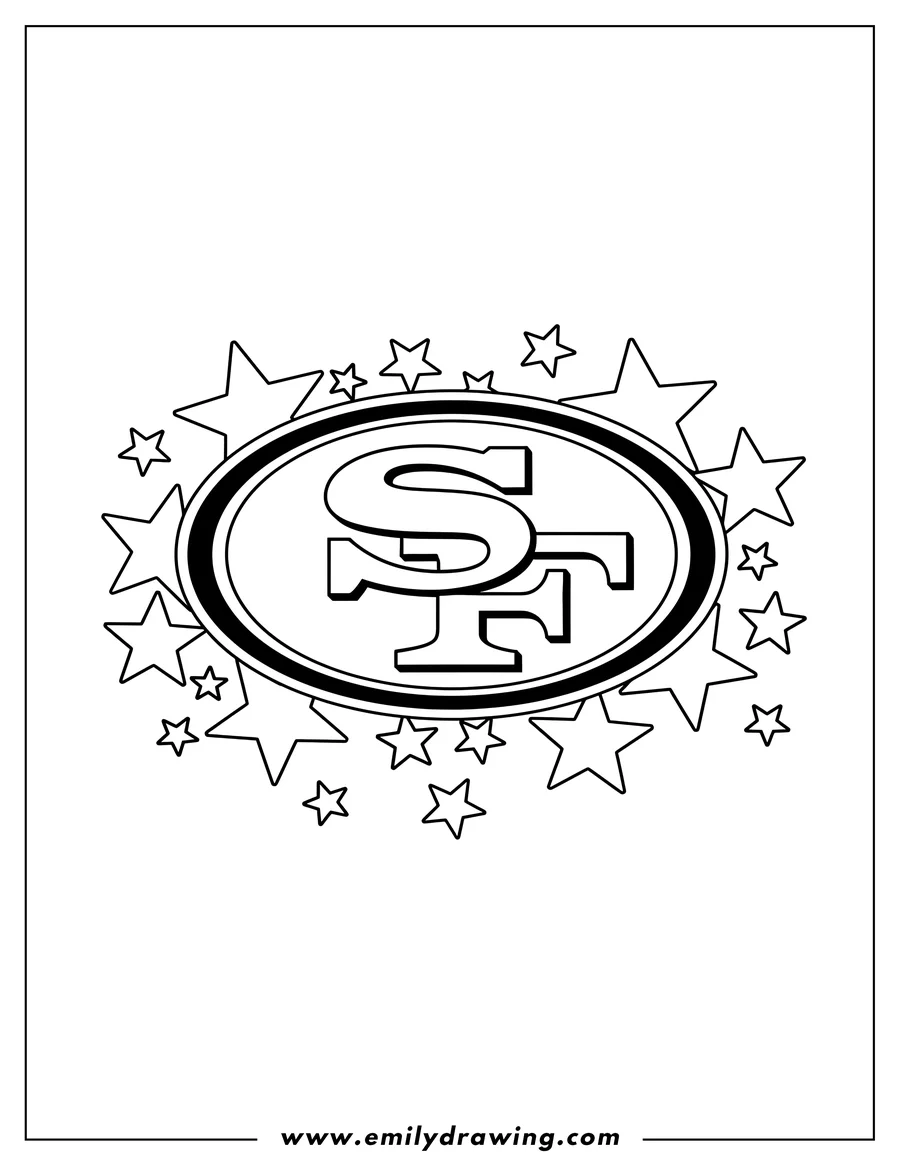 Coloring sheet featuring san Francisco 49ers SF logo in an oval with stars to color