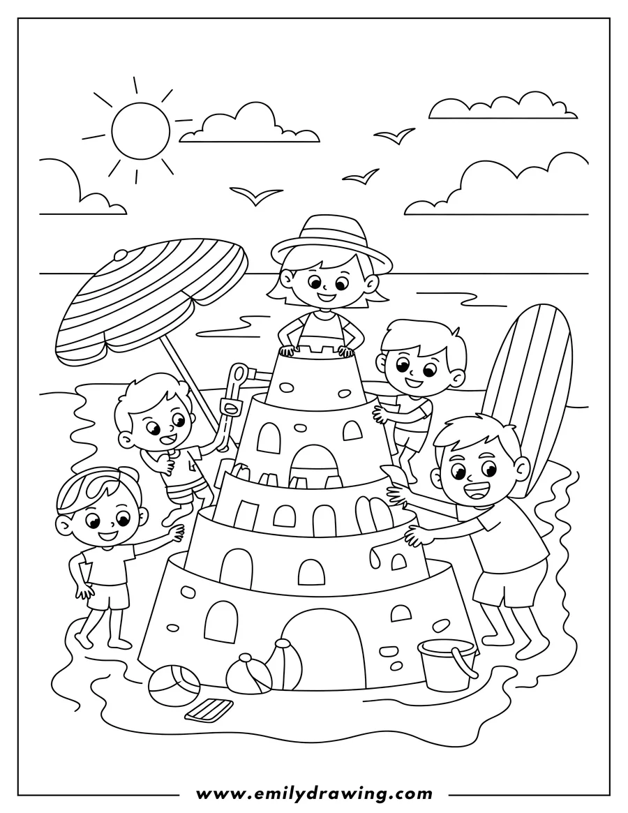 Free printable coloring sheet of sandcastle