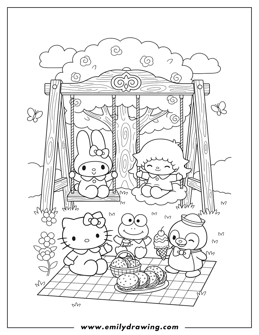 High quality printable sanrio characters picnic: Little Twin Stars, Hello Kitty, My Melody on a swing, Keroppi holding ice cream, and Tuxedo Sam with a cupcake for coloring