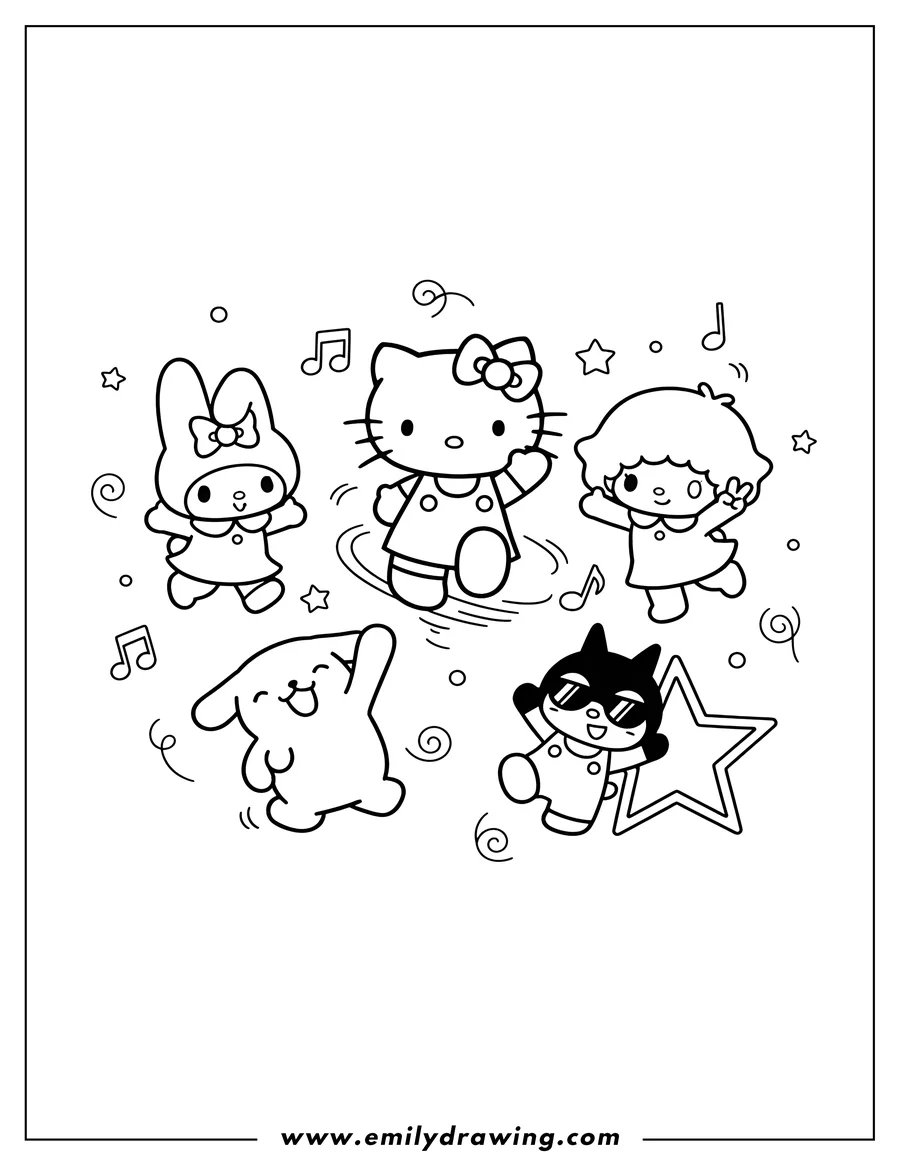 Vector style outline of sanrio Friends dancing, waving and posing cheerfully