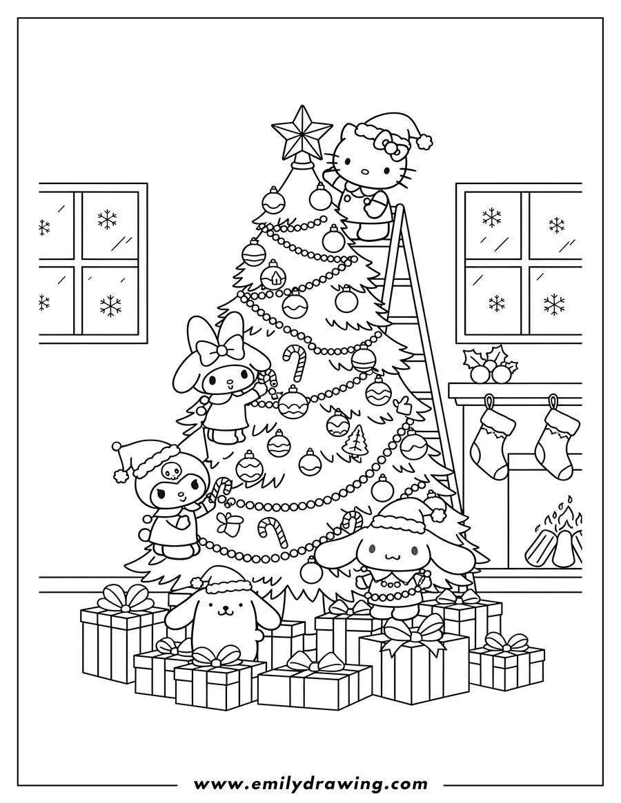 Coloring page of sanrio Friends Decorating Christmas Tree, wearing Santa hats and with gifts
