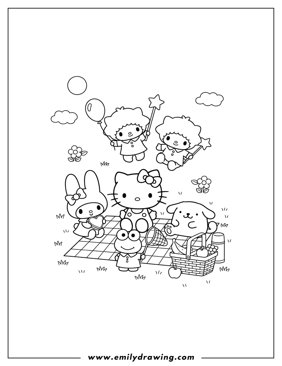 PDF style coloring page: sanrio Friends sitting together on a blanket with a picnic basket