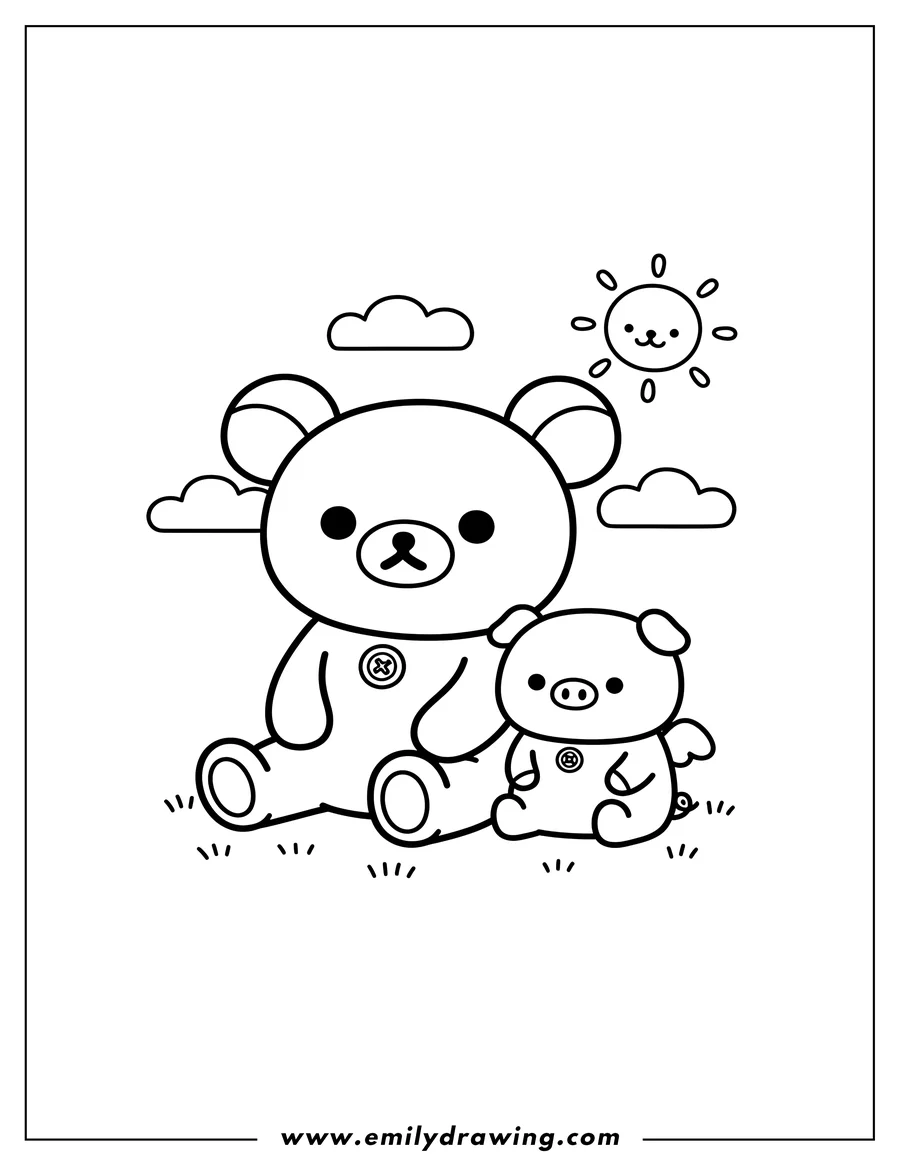 Linear illustration of sanrio Rilakkuma Outline, Rilakkuma sitting with a little pig friend
