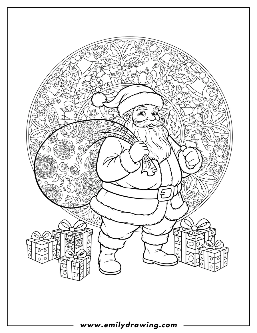 Coloring page of santa Claus carrying a large sack of presents over his shoulder, wearing a pom-pom hat, Christmas Mandala coloring page