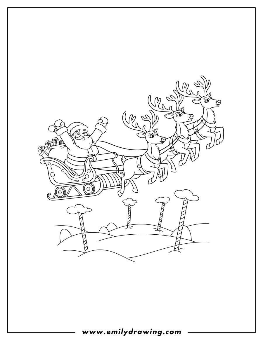 Downloadable coloring page of santa Claus raising a fist in his reindeer-pulled sleigh, flying over the North Pole, themed 'The Polar Express'